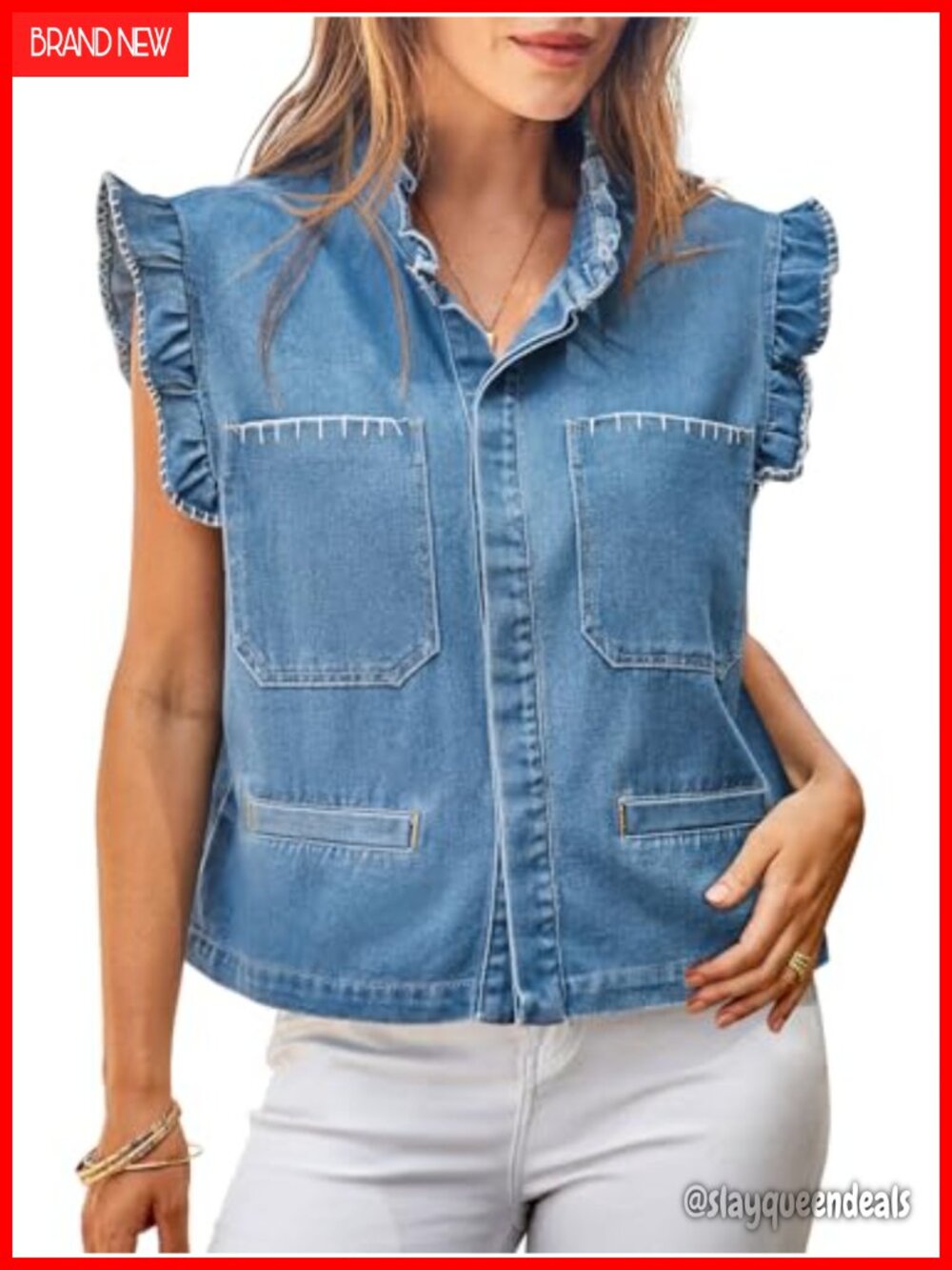 Womens Denim Vest Ruffle Sleeve Cropped Button Up Jean Vest